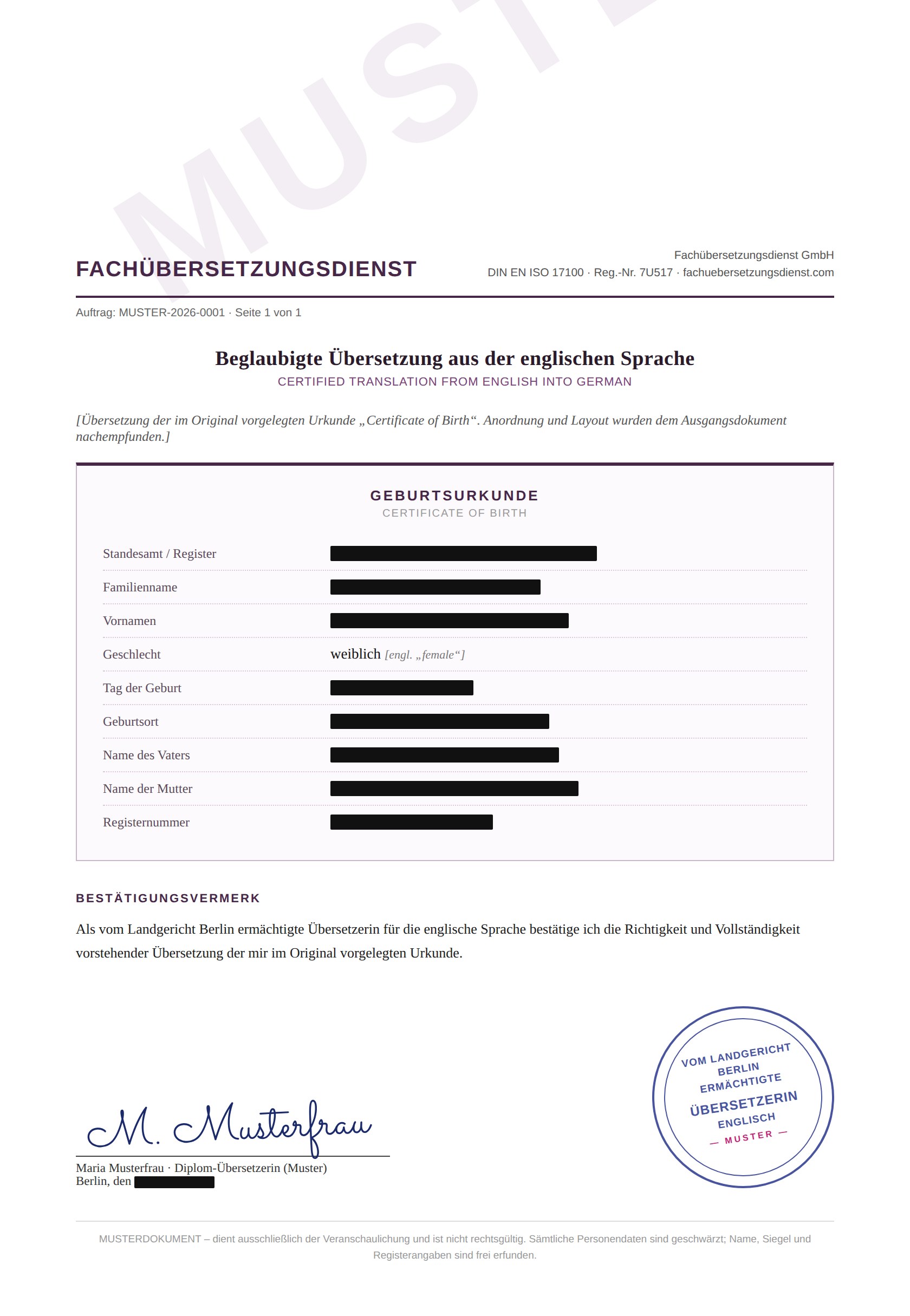 Muster einer beglaubigten Übersetzung einer Geburtsurkunde aus dem Englischen ins Deutsche mit Stempel, Unterschrift und Bestätigungsvermerk der gerichtlich vereidigten Übersetzerin
